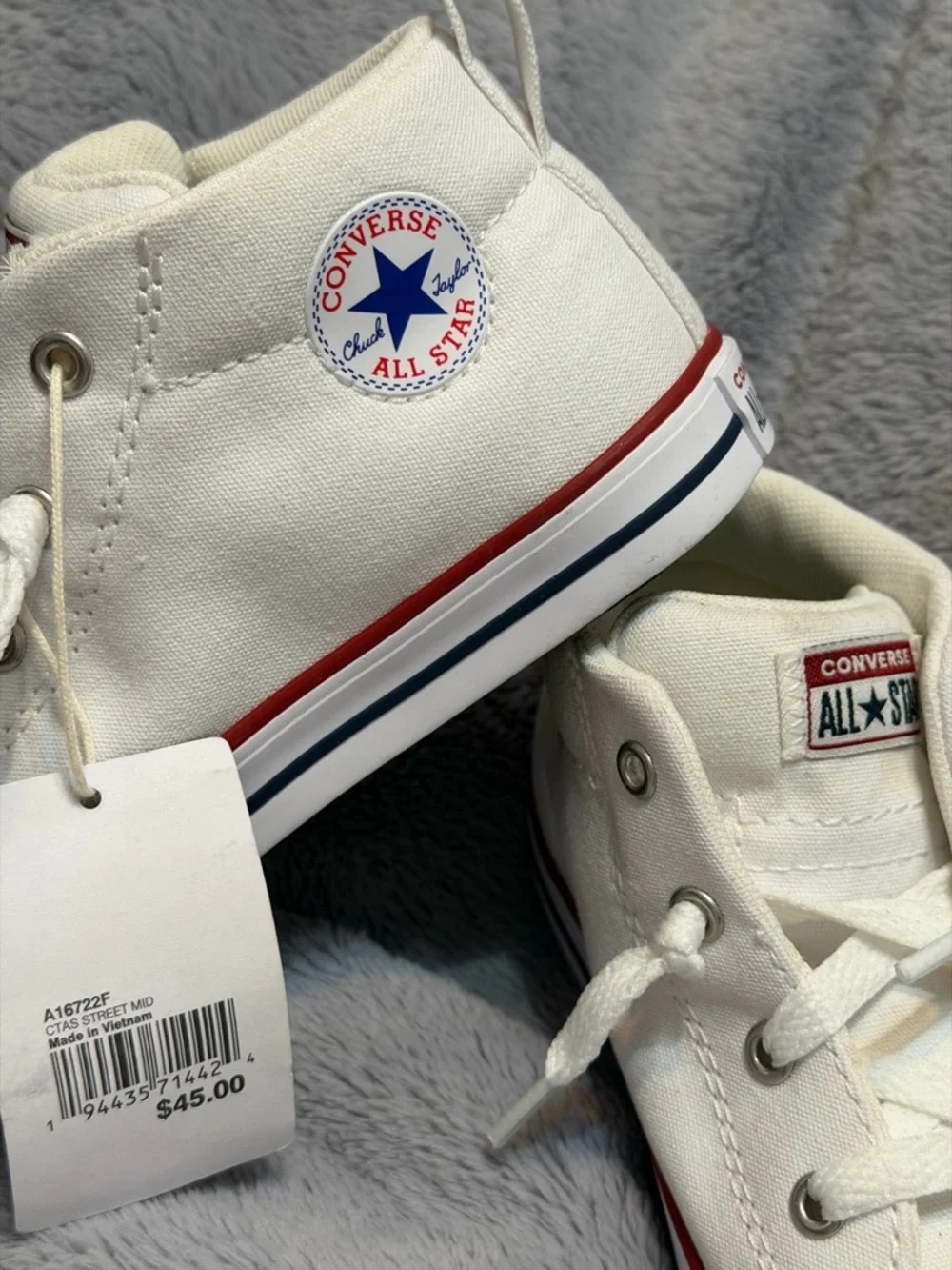 Converse Kids White High Top Sneakers with Red & Navy Trim Little Kids size 10